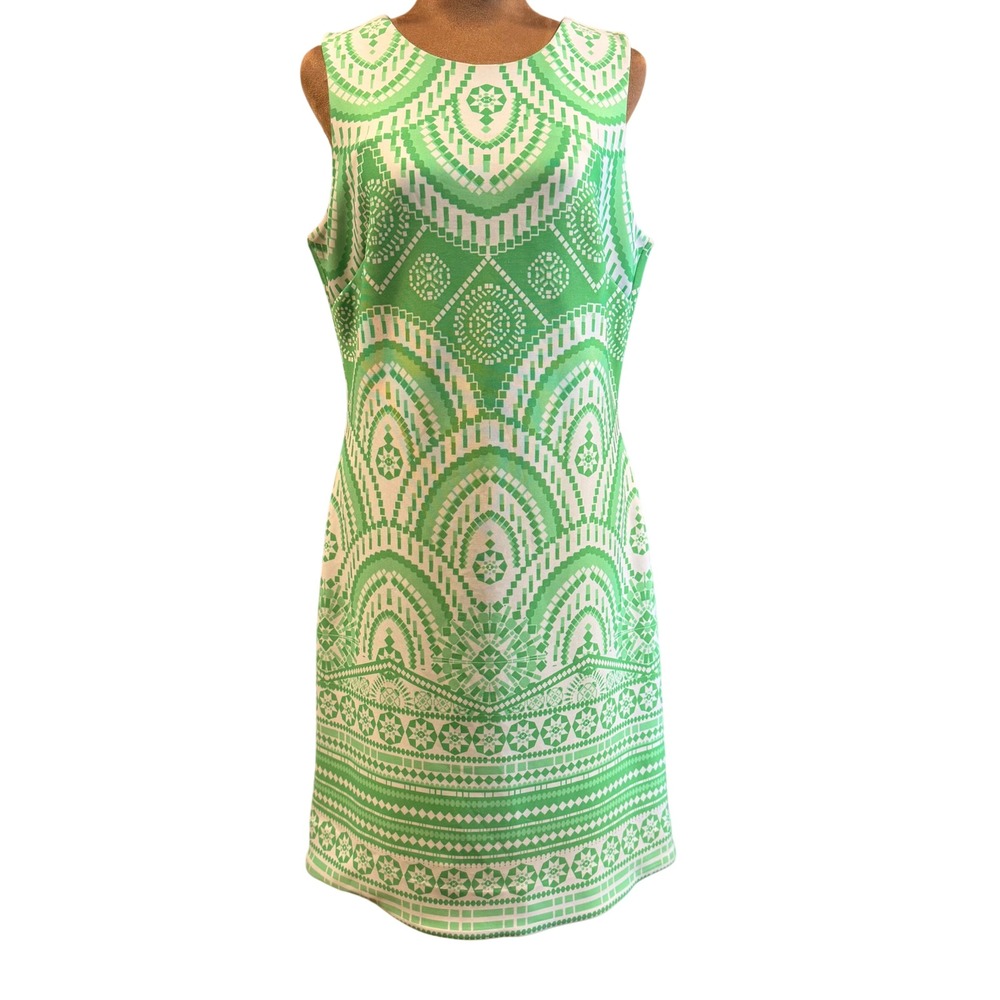 Just‎ Taylor Shift Dress Womens 10 Green White Mosaic Boho Retro 60s Mod Preppy